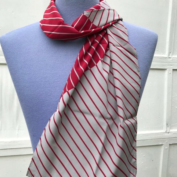 Careta Rectangle Scarf Burgundy Grey Stripe for Neck, Hair or Head Vintage Japan - Picture 2 of 5